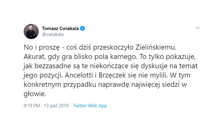 OPINIA Tomasza Ćwiąkały na temat dzisiejszej gry Piotra Zielińskiego